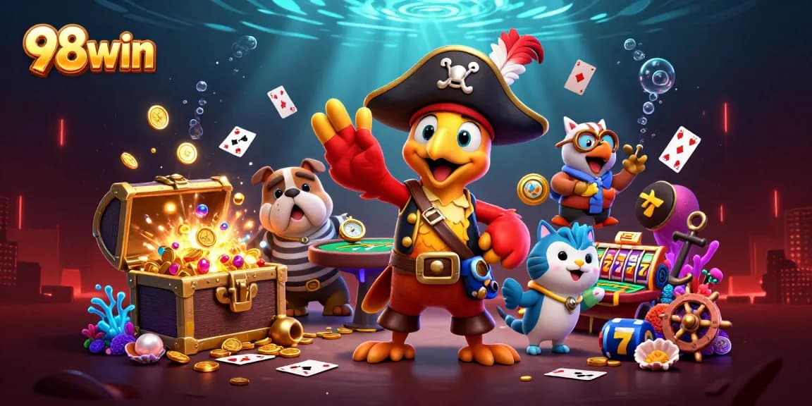 Engage with thrilling gaming adventures at 98win featuring vibrant pirate-themed characters and casino elements.