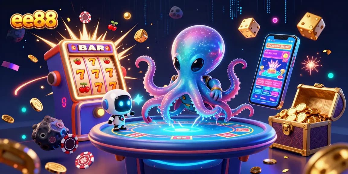 Experience the excitement of ee88 as a 3D alien octopus operates a holographic poker table amidst a vibrant casino universe.