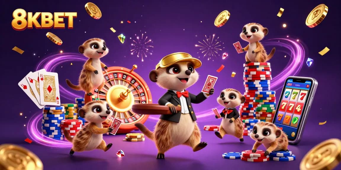 Engage with 8KBET's vibrant casino scene featuring meerkats in a dynamic card game.