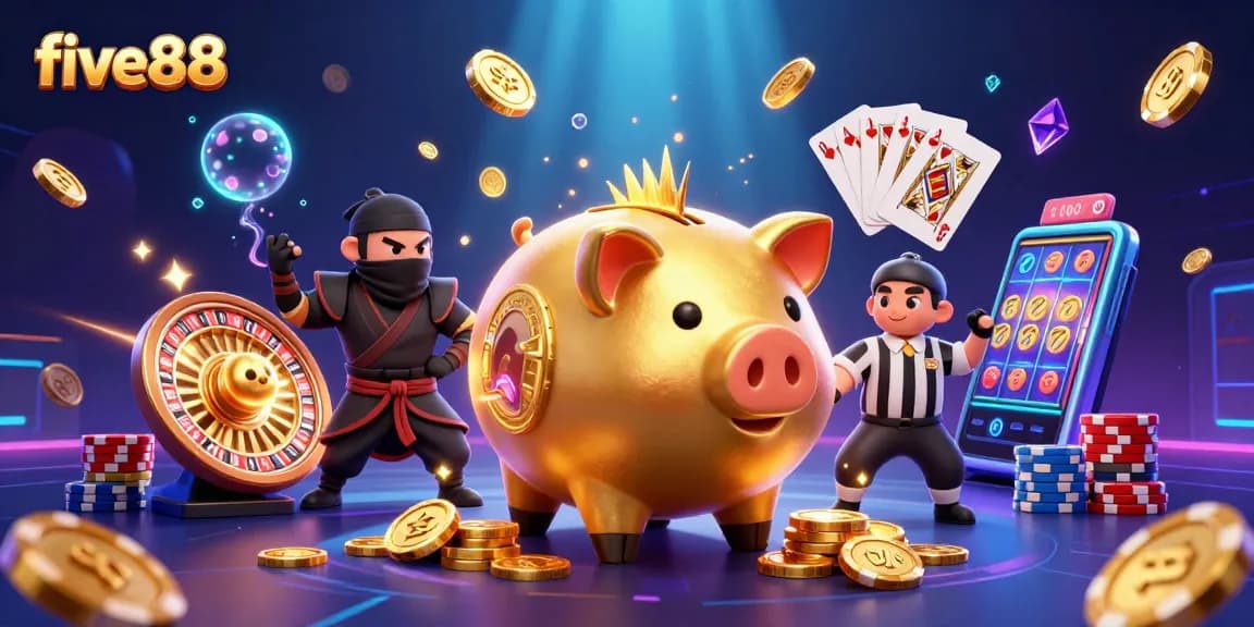 Experience excitement with five88's golden piggy bank sumo wrestler amidst dazzling coins and games.