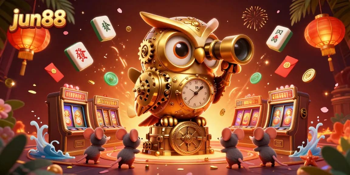 Experience the excitement of jun88 with a vibrant casino scene featuring a golden owl and charming mice.