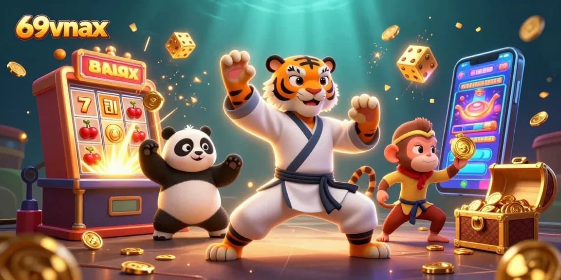 Experience thrilling games at 69vnax with a vibrant 3D depiction of a kung fu tiger and playful characters.
