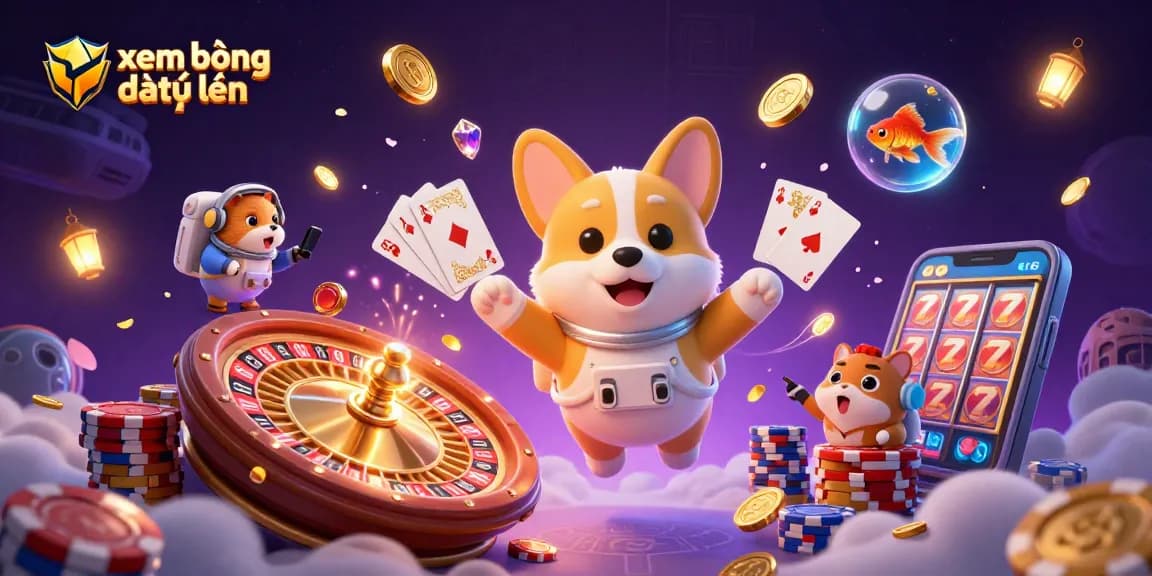 Experience xem bóng đá trực tuyến with a playful astronaut corgi in a vibrant space casino scene.