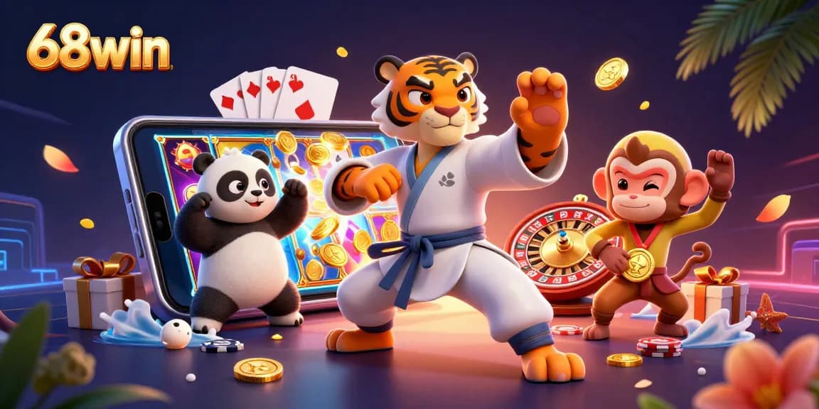 Engage with exciting gaming vibes at 68win featuring vibrant slot machines and dynamic characters.
