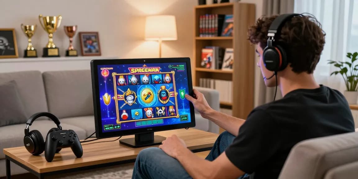 Pengalaman bermain kangtoto dengan Spaceman slot di ruang tamu modern yang penuh atmosfer.