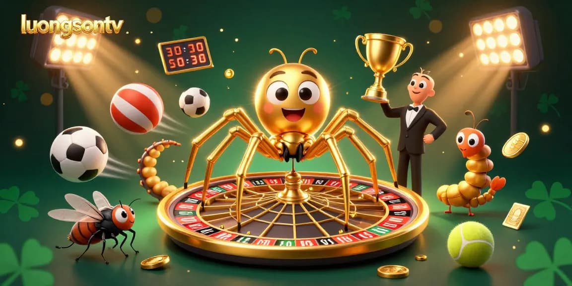 Place bets on luongsontv with golden trophy and animated sports balls enhancing excitement.