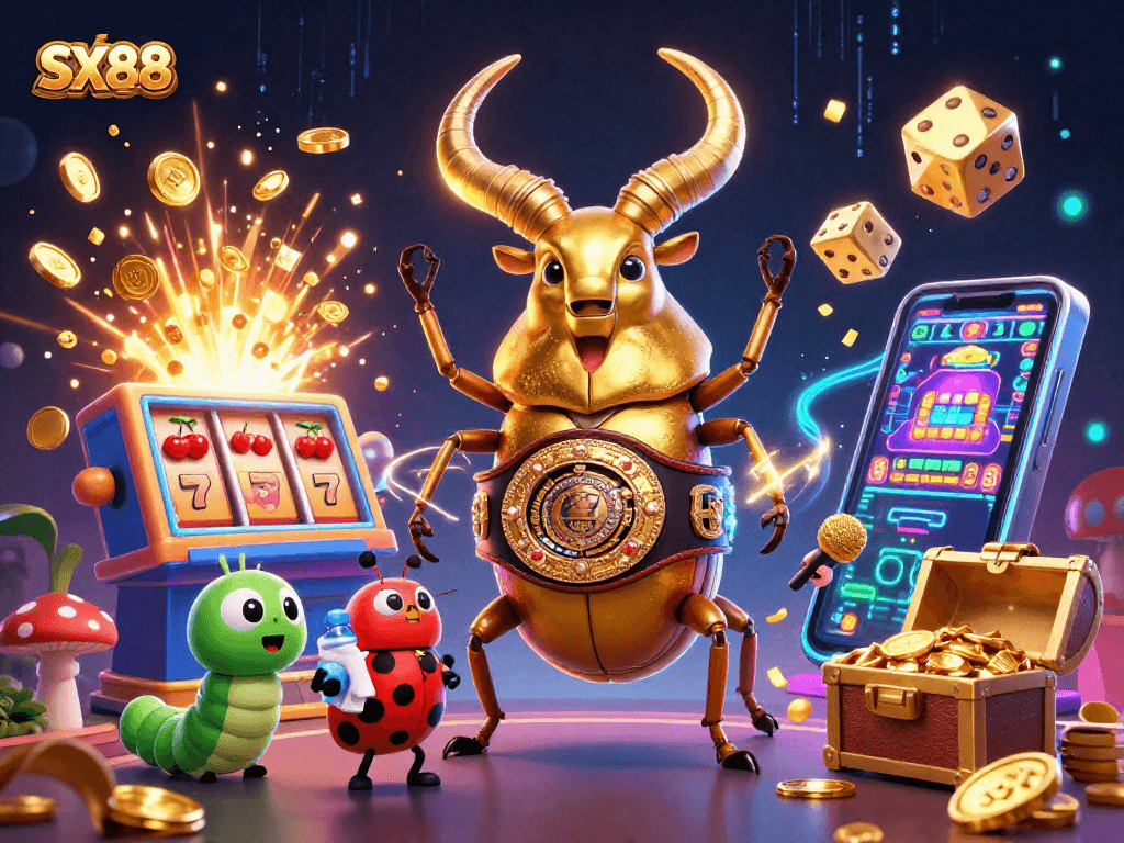 SX88 showcases a vibrant 3D scene with a golden stag beetle, jackpot symbols, and dynamic gaming action.