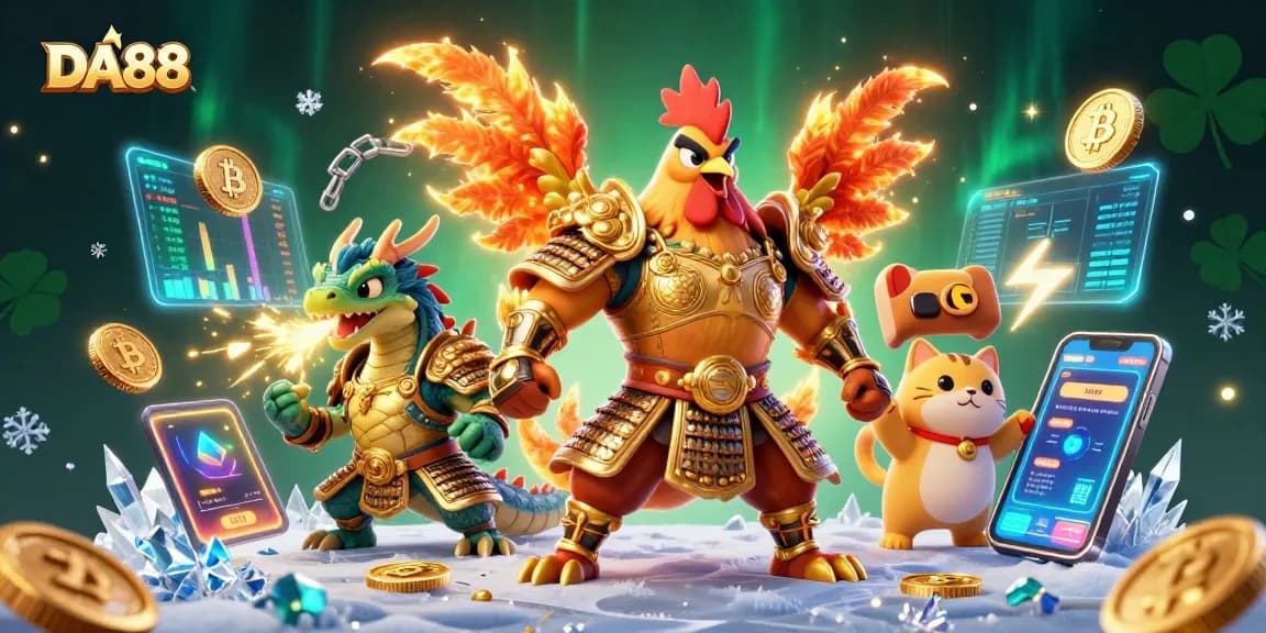 Experience the excitement of DA88 casino with a dynamic 3D illustration of a rooster warrior and dragon hatchling.