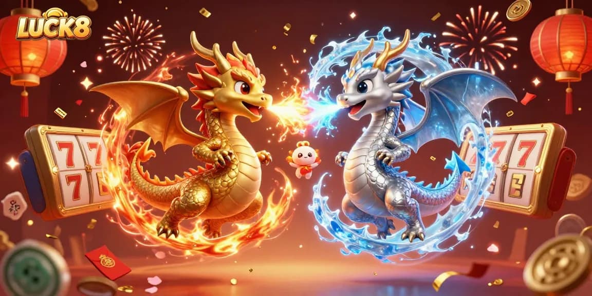 Experience thrilling gameplay with LUCK8’s dynamic 3D casino action featuring fiery dragons and slot elements.