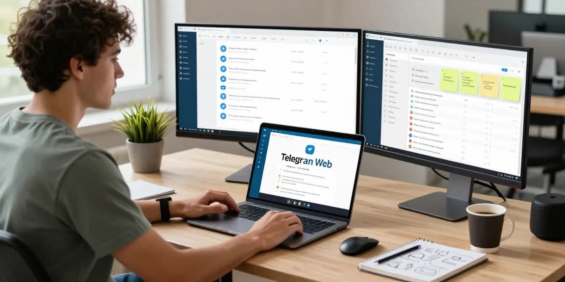 Engaged professional using Telegram Web for a video call in a vibrant workspace.