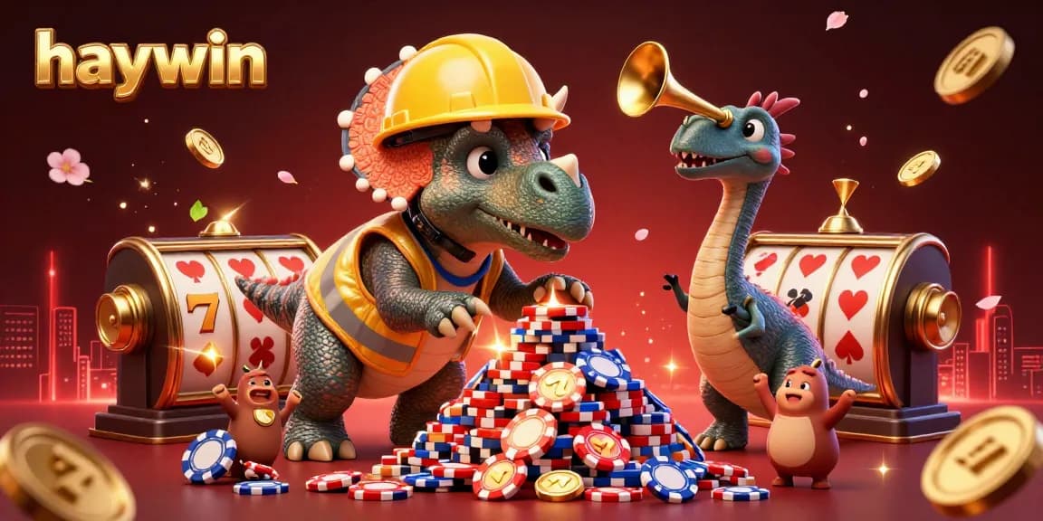 Experience excitement with haywin as a triceratops builds poker chips in a vibrant casino scene.