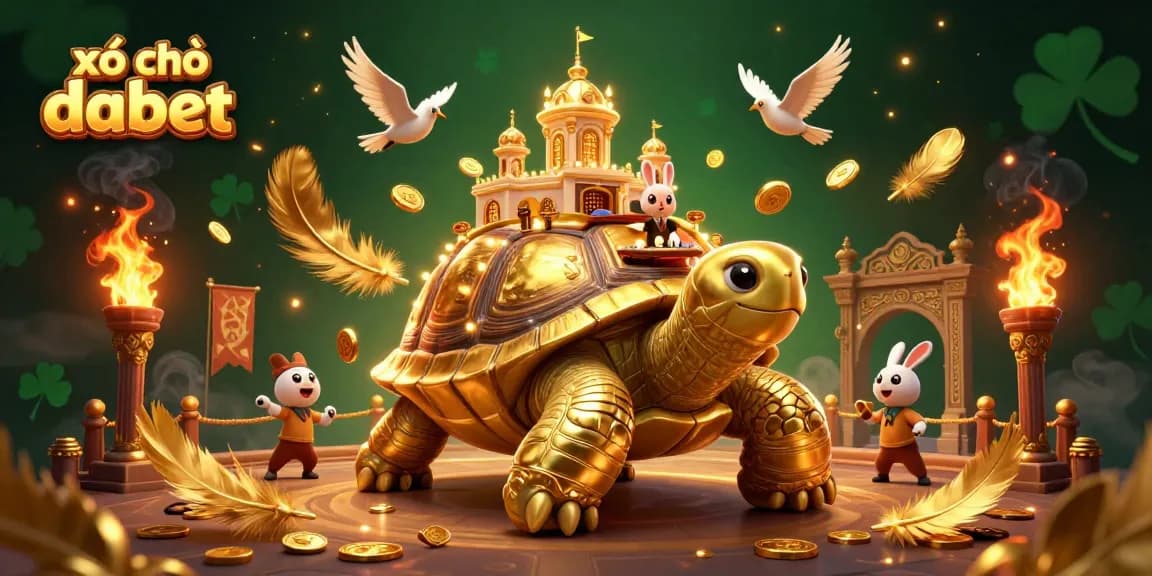 Engage in thrilling xổ số dabet with a vibrant 3D illustration featuring a golden tortoise casino and playful elements.
