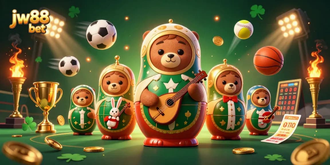 Experience the excitement of jw88 bet with dynamic casino-themed 3D illustration, featuring bears and sports elements.