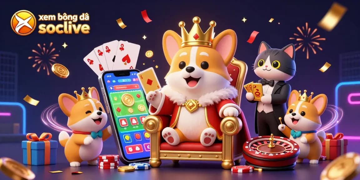 xem bóng đá socolive shows an animated corgi king amidst dynamic sports betting elements, showcasing a lively casino atmosphere.
