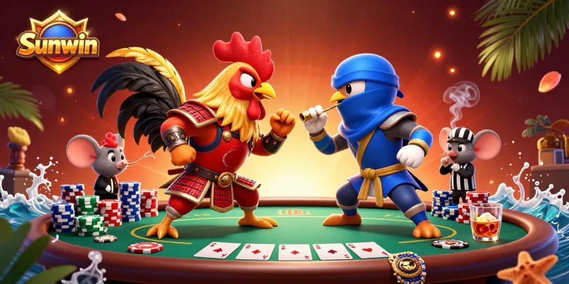 Experience thrilling action at Sunwin featuring samurai and ninja roosters in a vibrant poker showdown.
