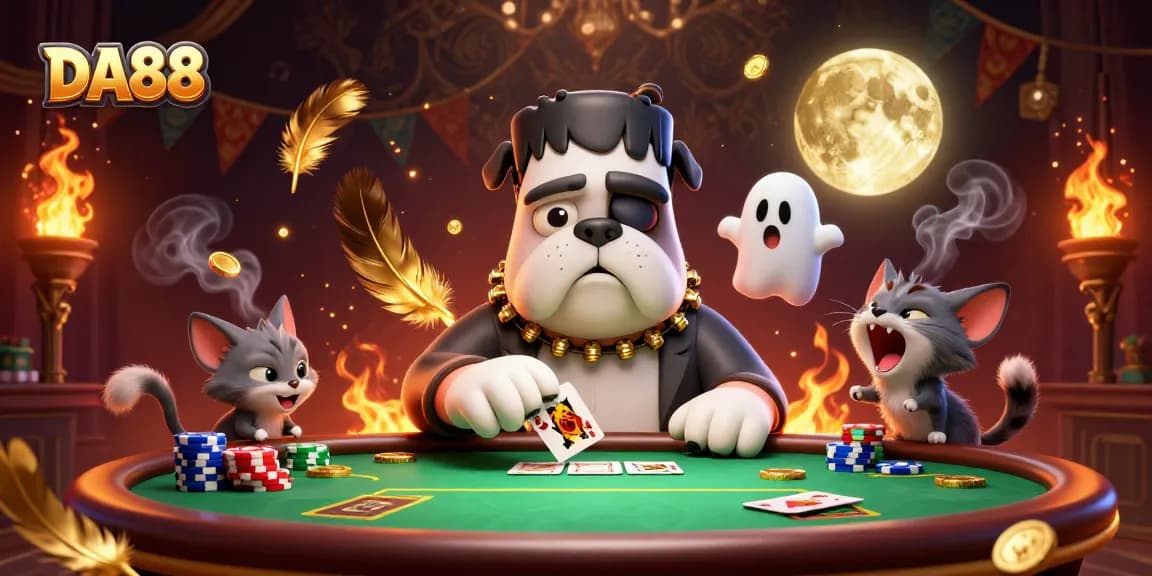 DA88 showcases a festive casino scene with a Frankenstein bulldog dealing cards and festive decorations.