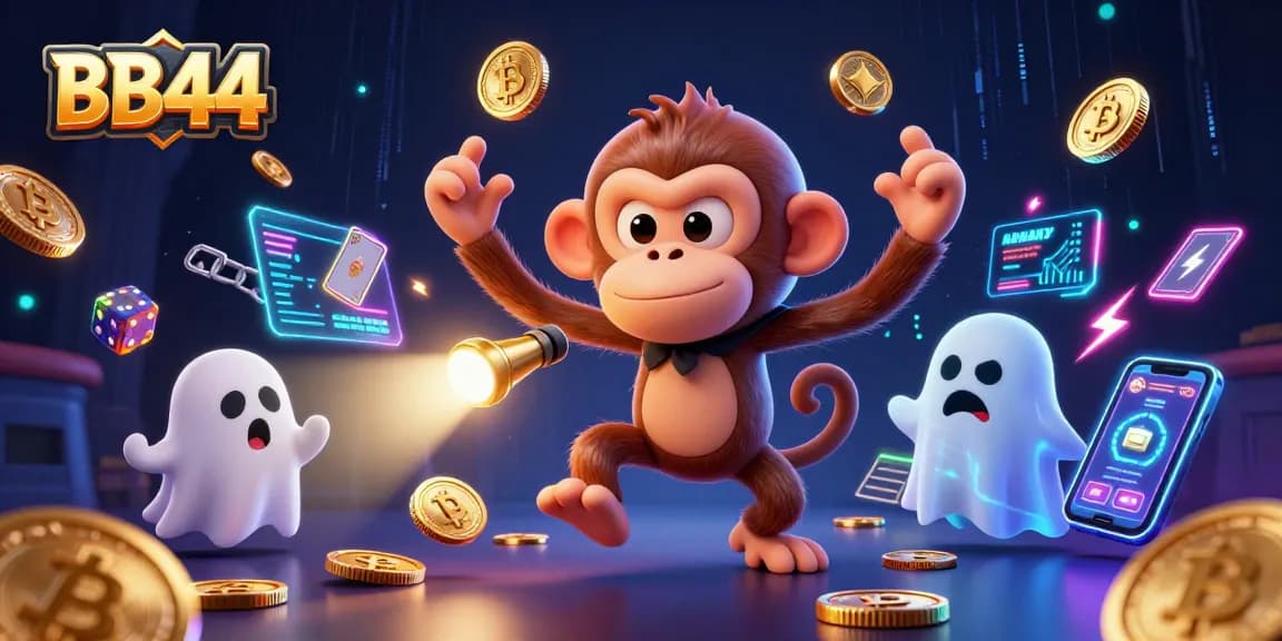 BB44 showcases an exciting haunted casino scene with a mischievous ghost monkey and a curious puppy tracking golden gaming treasures.