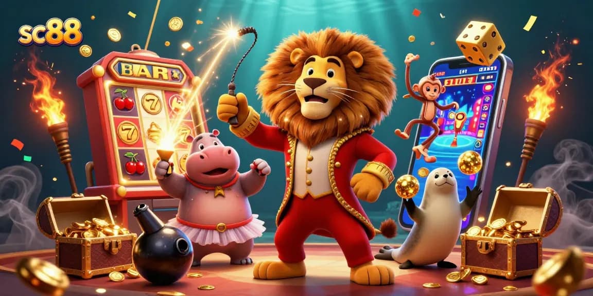 Experience thrilling wins with sc88 in this vibrant 3D casino illustration featuring playful characters.