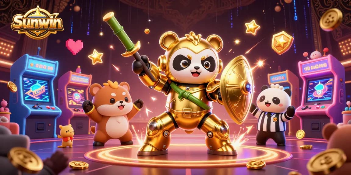 Sunwin gaming scene with a mech-suit panda battling in a vibrant arena filled with game machines.