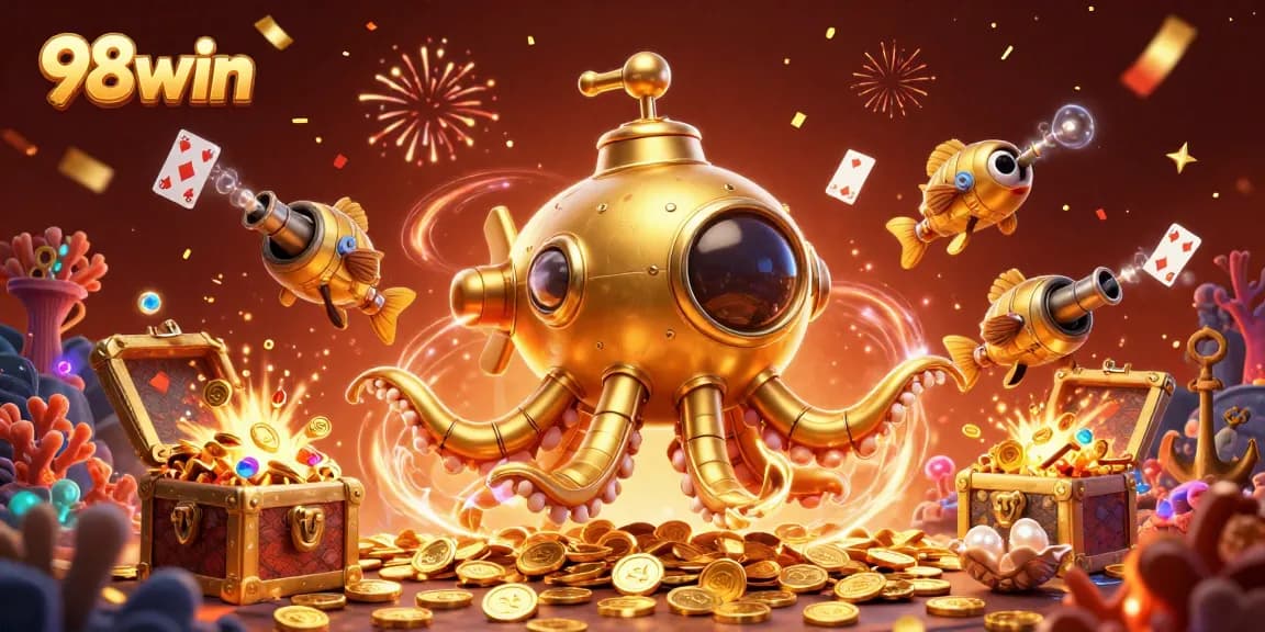 Immerse in the excitement of 98win with a vibrant underwater casino adventure illustration.