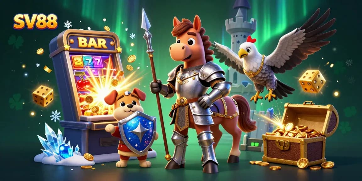 Experience SV88 with a knight, squire, and falcon amidst a jackpot explosion in this vibrant casino illustration.