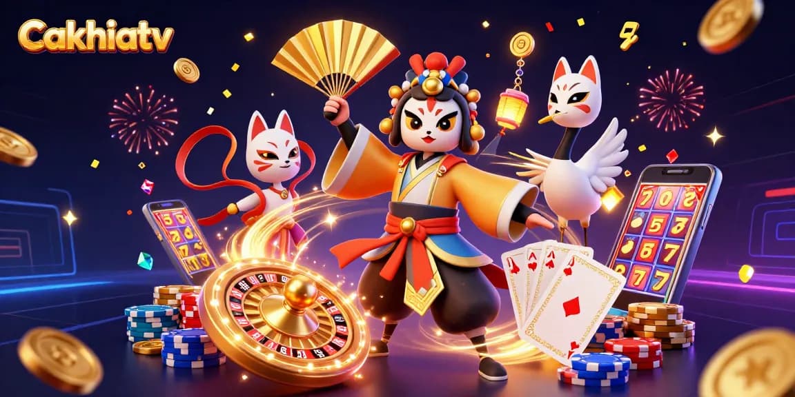 Experience exciting games with cakhiatv's vibrant casino scene, featuring a kabuki warrior and thrilling elements.
