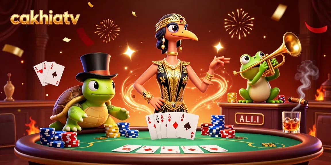 Cakhiatv offers a fun casino experience featuring vibrant characters, poker chips, and colorful confetti.