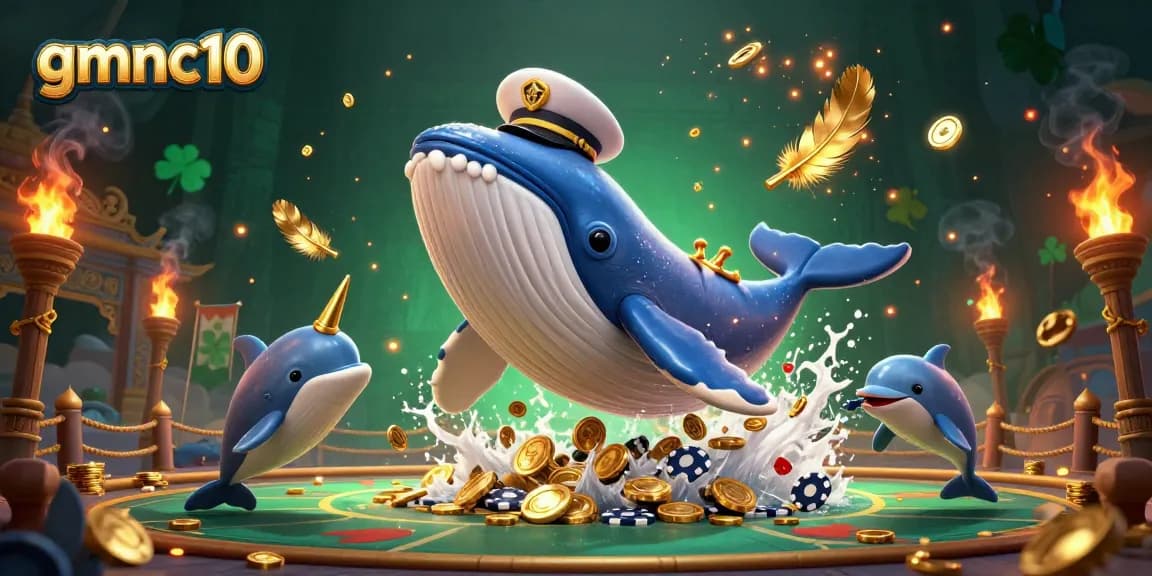 Experience the excitement of gmnc10 with cartoon whales and dolphins surrounded by vibrant casino elements.