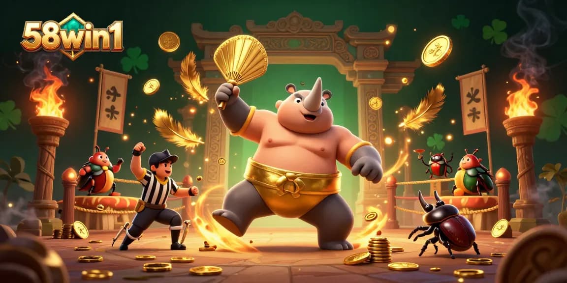 Experience the thrilling excitement of 58win1 as the champion beetle triumphantly stomps amidst a flurry of golden coins.