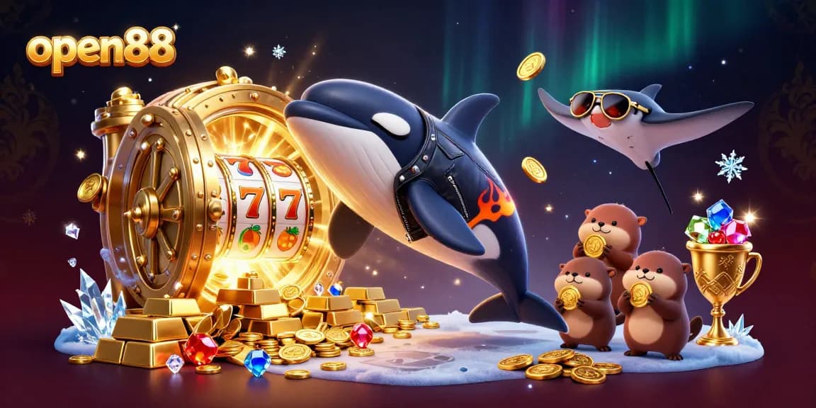Engage in thrilling adventures with open88's vibrant characters and slot reels, showcasing fun and fortune.