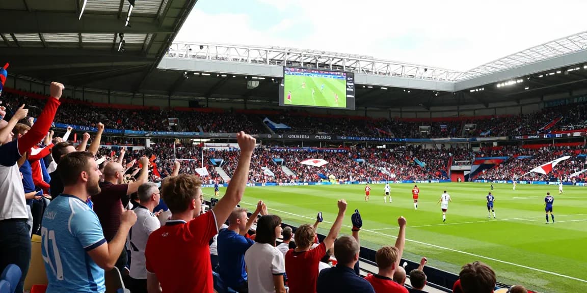 Voetbal Engeland fans juichen enthousiast in een stadion tijdens een Premier League-wedstrijd.