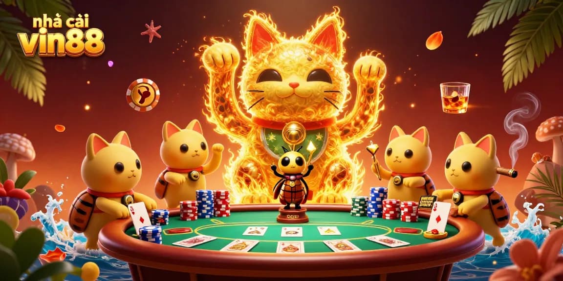 Experience the thrill of Nhà cái vin88 with a vibrant, animated lucky cat surrounded by casino action.