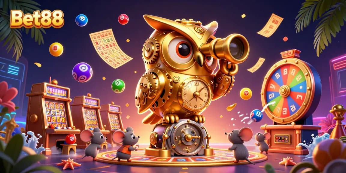 Experience the vibrant world of Bet88 with a dynamic 3D casino scene featuring playful characters and exciting gambling elements.