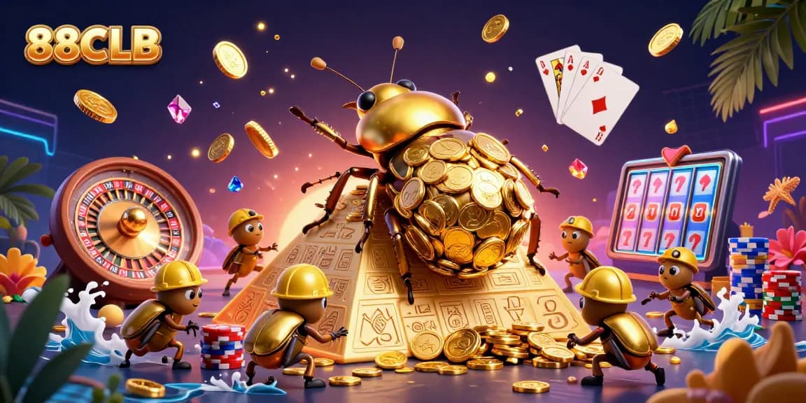 Experience the excitement of 88CLB with dynamic casino elements and a golden beetle theme.