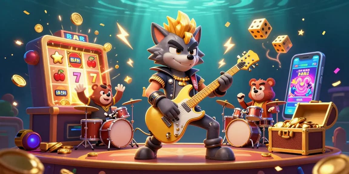 Experience the thrill of 90 phut with a rock star wolf and golden jackpot elements lighting up the casino stage.