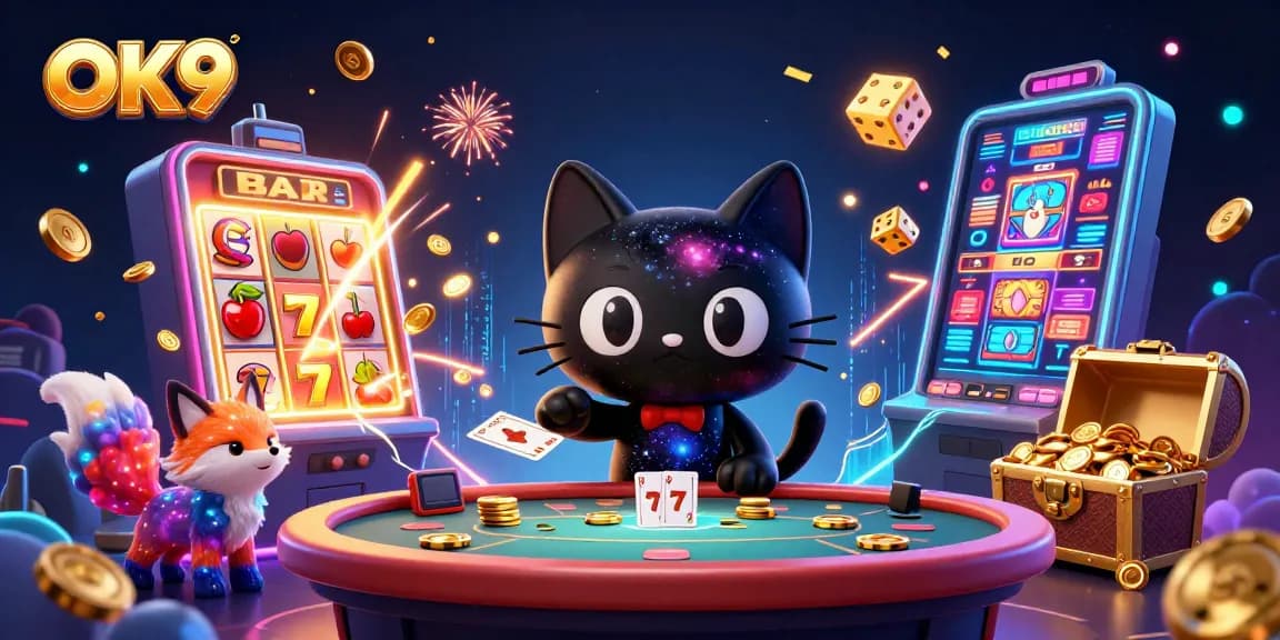 Engage with the OK9 cosmic casino experience, featuring a black hole cat and colorful nebula fox.