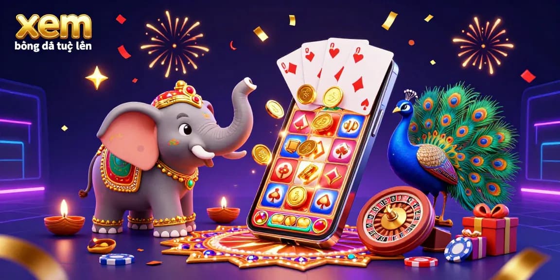 xem bóng đá trực tuyến in a vibrant 3D gambling scene showcasing a cartoon elephant and rich game elements.