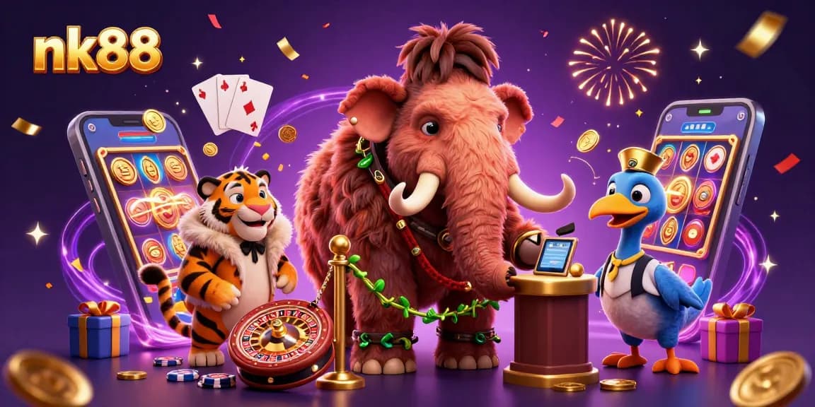 Experience fast-paced gaming action with nk88's vibrant casino scene featuring dynamic characters and exciting game elements.