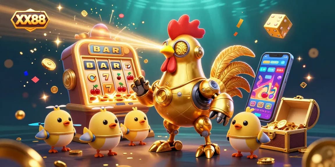 Experience exciting gambling adventures with XX88 amid a vibrant 3D slot machine explosion and dynamic characters.
