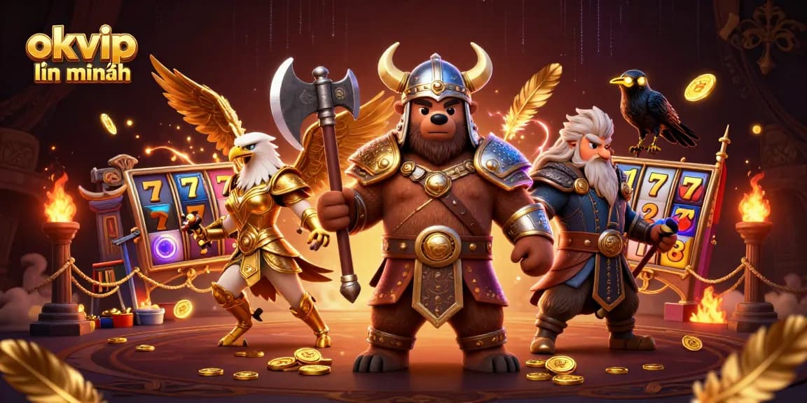 Experience the excitement of okvip liên minh with a vibrant 3D illustration highlighting a Viking bear, Valkyrie, and casino elements.