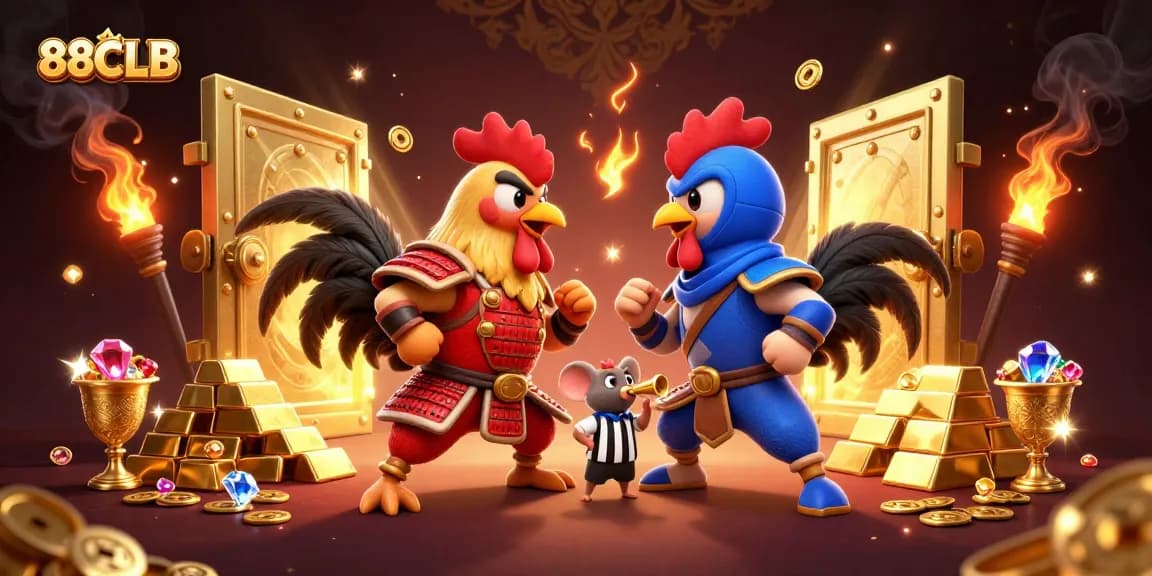 Engage with 88CLB's thrilling gambling adventures featuring dynamic cartoon roosters and treasure.