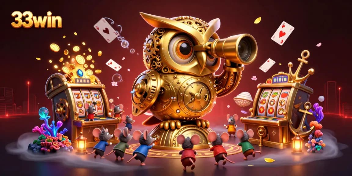 Engage with 33win and discover a vibrant casino scene filled with whimsical characters and riches.