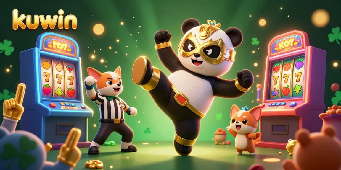 kuwin’s vibrant slot machine scene with a panda wrestler and animal spectators enjoying the excitement