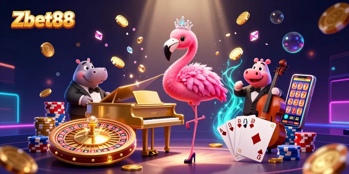 Experience exciting gameplay at Zbet88 with a vibrant casino scene featuring colorful characters and rich gambling elements.