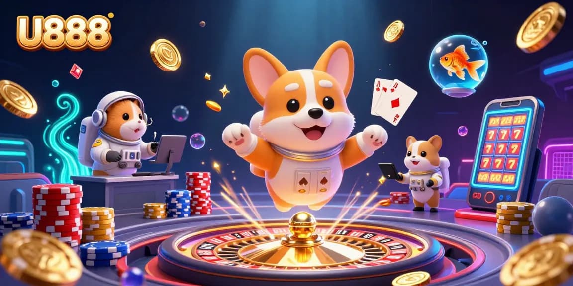 Experience the thrilling ambiance of U888 with a 3D floating casino scene filled with coins and games!