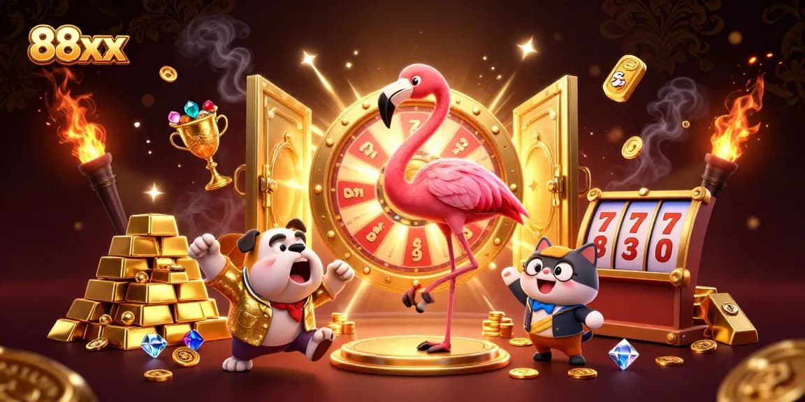 Excited players spin the jackpot wheel at 88xx casino, surrounded by treasures and games.