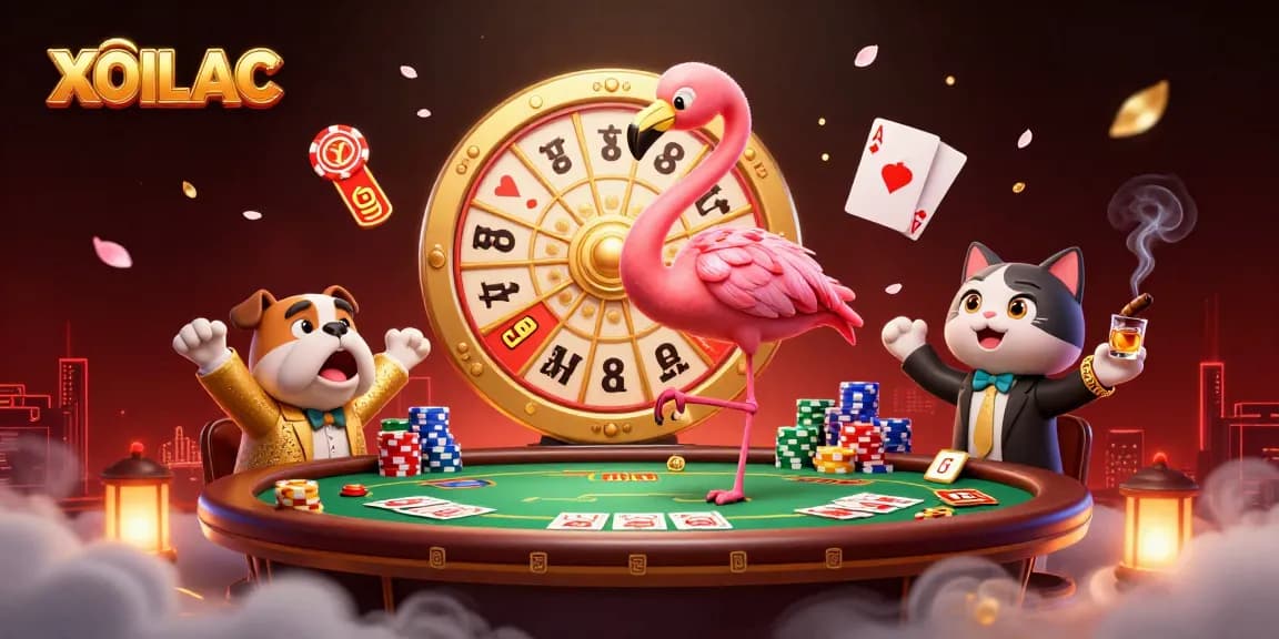 Experience thrilling gameplay with XOILAC as a flamingo spins the prize wheel in a vibrant casino scene.