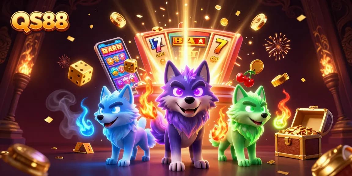 Engage with QS88's immersive high-energy casino scene featuring animated wolves and jackpot symbols.
