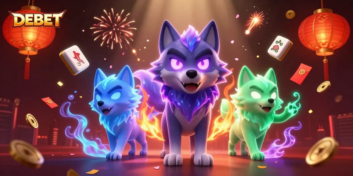 Experience DEBET's animated atmosphere with mystical wolves and floating gambling elements.