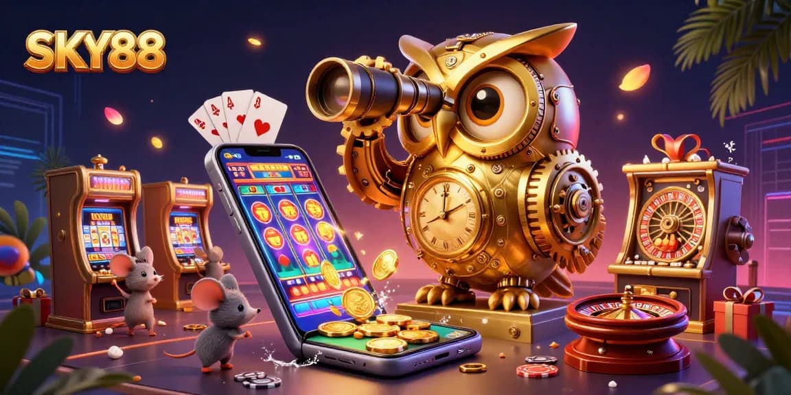 Experience gaming excitement at SKY88 with a clockwork owl surveying slot machines and vibrant gameplay.